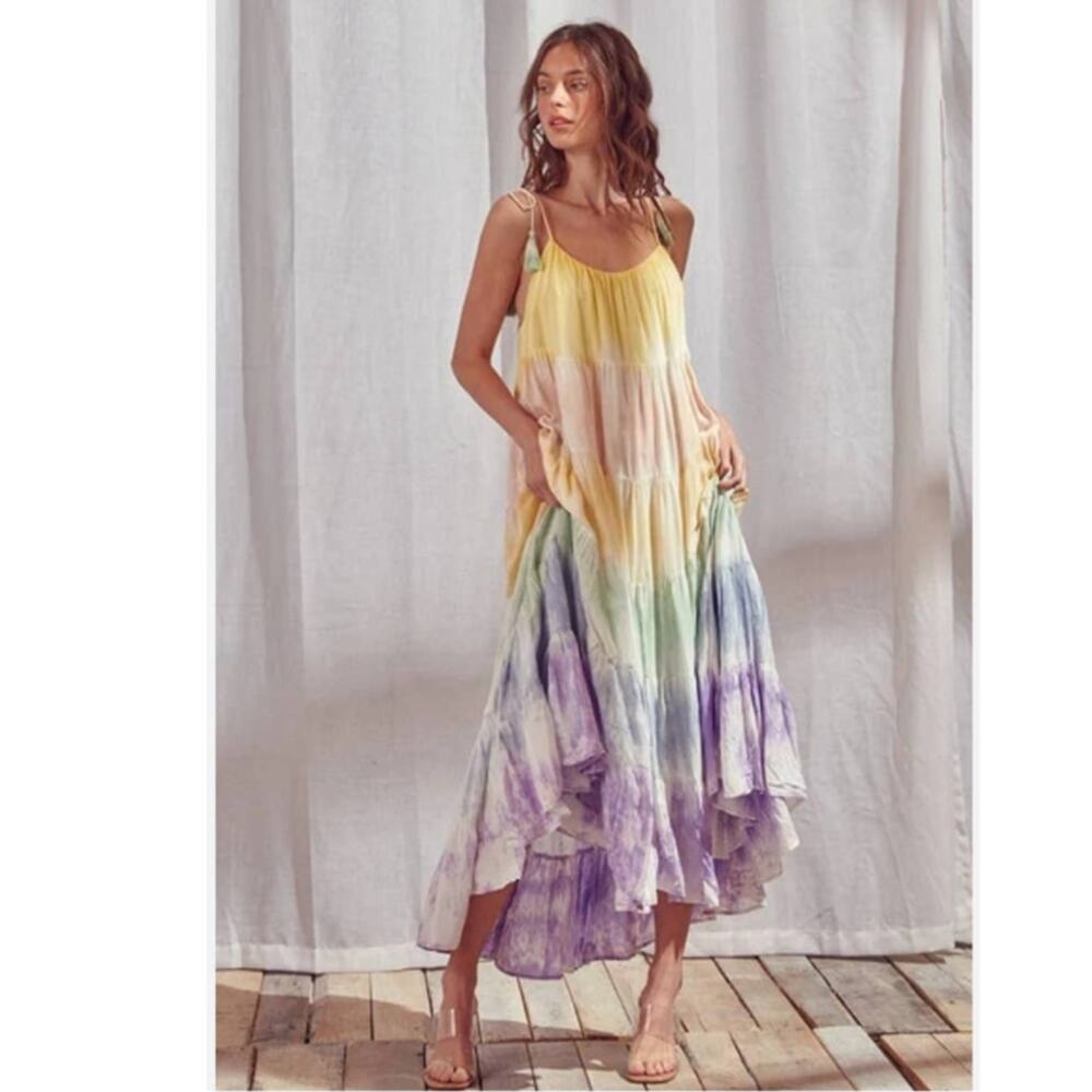 STORIA Maxi Dress Rainbow Tie Dye Spaghetti Straps Tassel Tie Lined Large NWOT